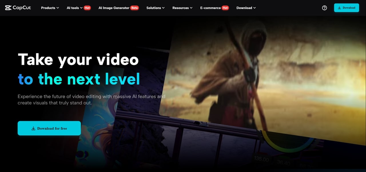 A website banner for CapCut featuring a blurred figure in the background with the text, "Take your video to the next level."