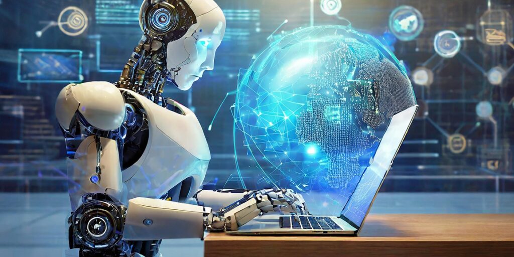 A humanoid robot working on a laptop with a digital representation of the Earth displayed above the keyboard.