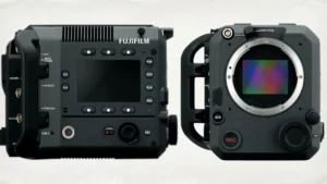 Close-up view of a Fujifilm camera body showing its digital display, controls, and lens mount.