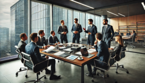 A group of business professionals in suits are having a meeting around a large conference table in a modern office with large windows overlooking city buildings.