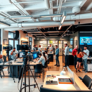 A modern office environment with people working on computers, cameras set up, and others engaged in group discussions.