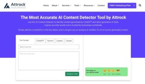 A webpage for Attrack's AI Content Detector Tool, featuring input fields for text analysis and options for different AI models, with a purple and white theme.