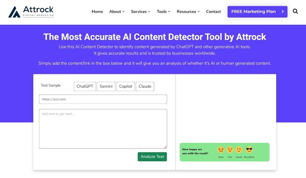 A webpage for Attrack's AI Content Detector Tool, featuring input fields for text analysis and options for different AI models, with a purple and white theme.