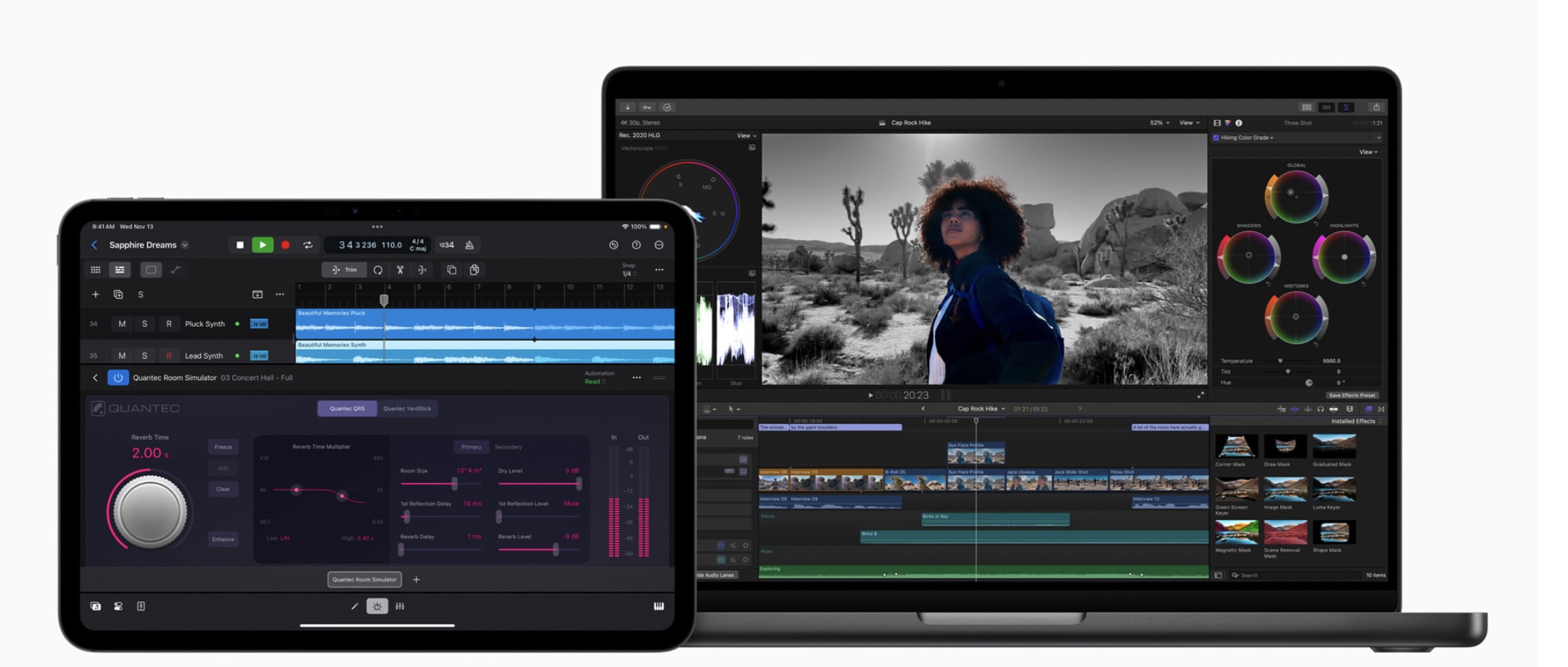 A laptop and a tablet displaying video and audio editing software interfaces.