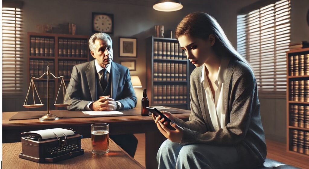 A woman sits on a desk looking at her phone in an office, while an older man in a suit sits across from her with a serious expression.