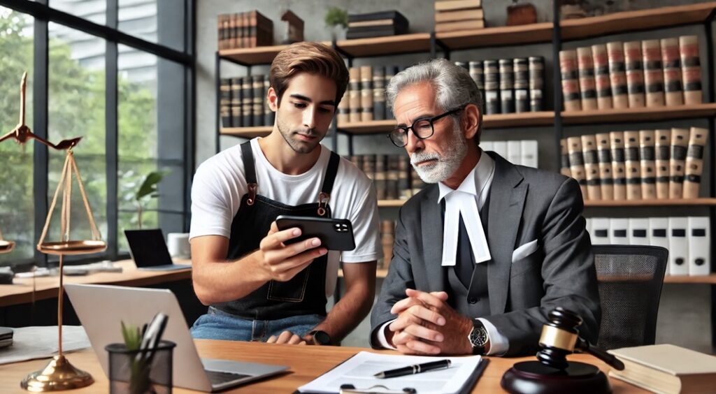 A young man in casual attire shows a smartphone to an older man dressed as a judge in a professional office setting with law books and a gavel.