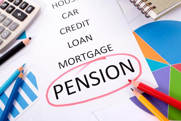 **Alt text:** A list with financial terms like "house," "car," "credit," "loan," "mortgage," and "pension," with "pension" circled in red, surrounded by pencils, a notebook, a calculator, and some charts.