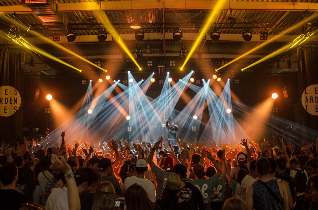**Alt Text:** A crowd enjoying a live concert with colorful stage lights and a performer on stage.