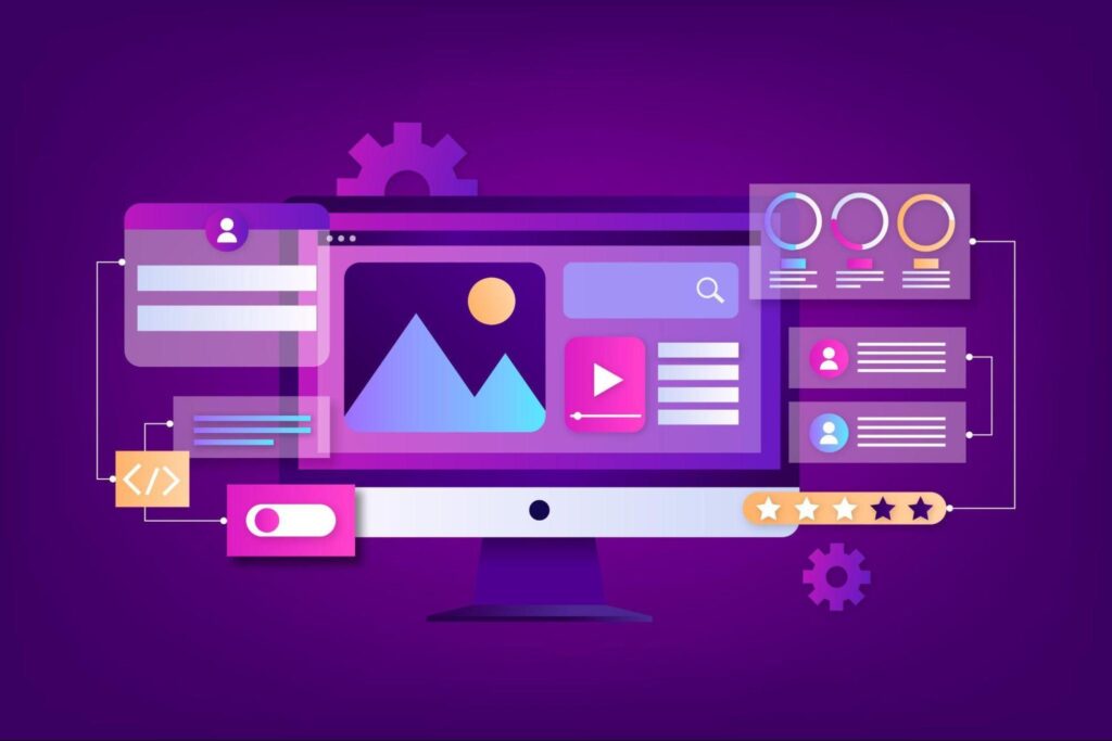 A vibrant illustration of a computer screen displaying various colorful interface elements like graphs, media icons, and user profiles on a purple background.