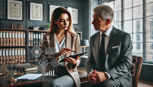A woman in a beige blazer discusses information on a tablet with an older man in a suit, sitting in an office with legal documents and scales of justice.