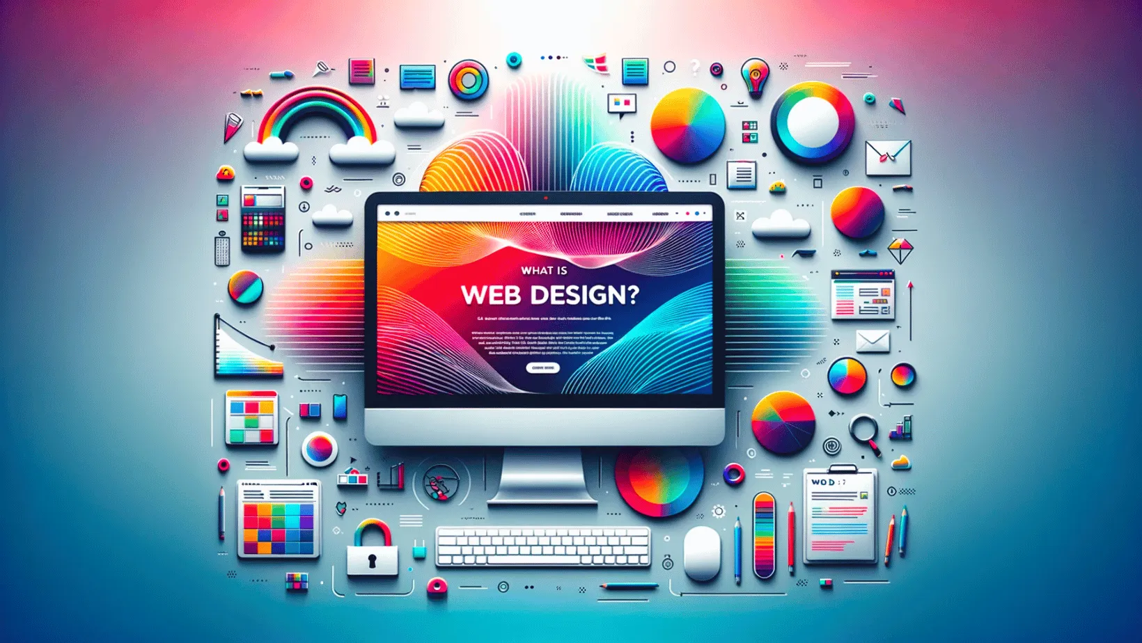 A computer screen displaying "What is Web Design?" surrounded by colorful design elements such as rainbows, charts, and icons.