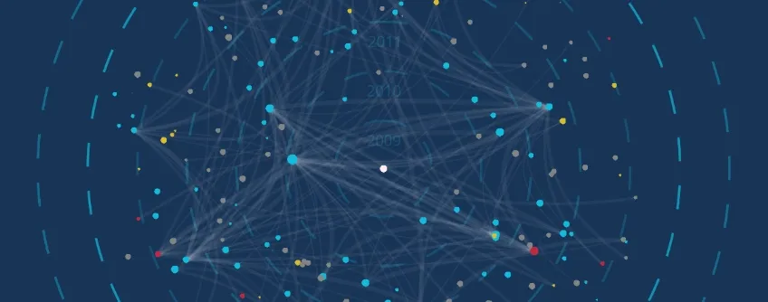 **Alt text:** A network of interconnected lines and dots in various colors on a dark blue background, resembling a complex data visualization.