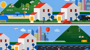 **Alt Text:** A colorful, abstract illustration showcases a vibrant town with houses, vehicles, wind turbines, and a hot air balloon against a mountainous backdrop, divided by a road and a river.