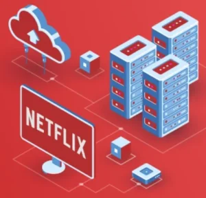 **Alt Text:** An isometric illustration showing cloud computing with a "Netflix" screen and server stacks connected to a cloud icon on a red background.