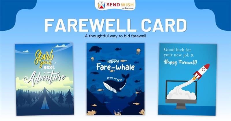 The image showcases three farewell card designs by Send Wish Online, each with distinctive themes and messages.