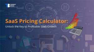 Image with the text "SaaS Pricing Calculator: Unlock the Key to Profitable SaaS Growth" featuring hands typing on a laptop, a rising graph, and a calculator, with digital icons in the background.