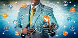 **Alt text:** A person in a suit interacts with a digital interface displaying interconnected icons related to artificial intelligence, technology, and industry.