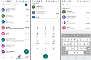 **Alt text:** A collage of three smartphone screenshots showing a Google Voice message list, a dial pad screen with contact suggestions, and a contact selection screen with a keyboard.