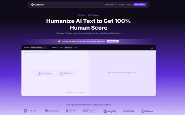 **Alt Text:** A screenshot of a website called Stealthy, which offers an AI text humanization service to achieve a 100% human score, with a user interface for text input and processing.