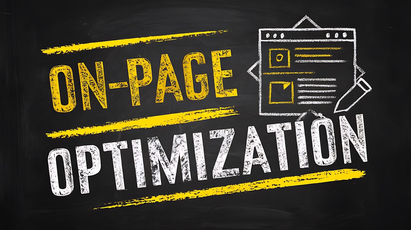 **Alt Text:** The image illustrates the phrase "On-Page Optimization" in bold, stylized text on a chalkboard background, alongside a graphic of a webpage with a pencil.