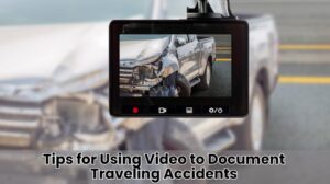 A dashboard camera displays a video of a damaged car with front-end collision, with text below reading "Tips for Using Video to Document Traveling Accidents."