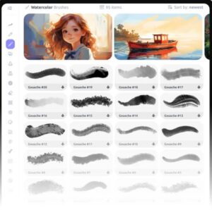 **Alt Text:** A digital painting software interface displaying watercolor brush options, including thumbnails of a girl with curly hair and a red boat on water.