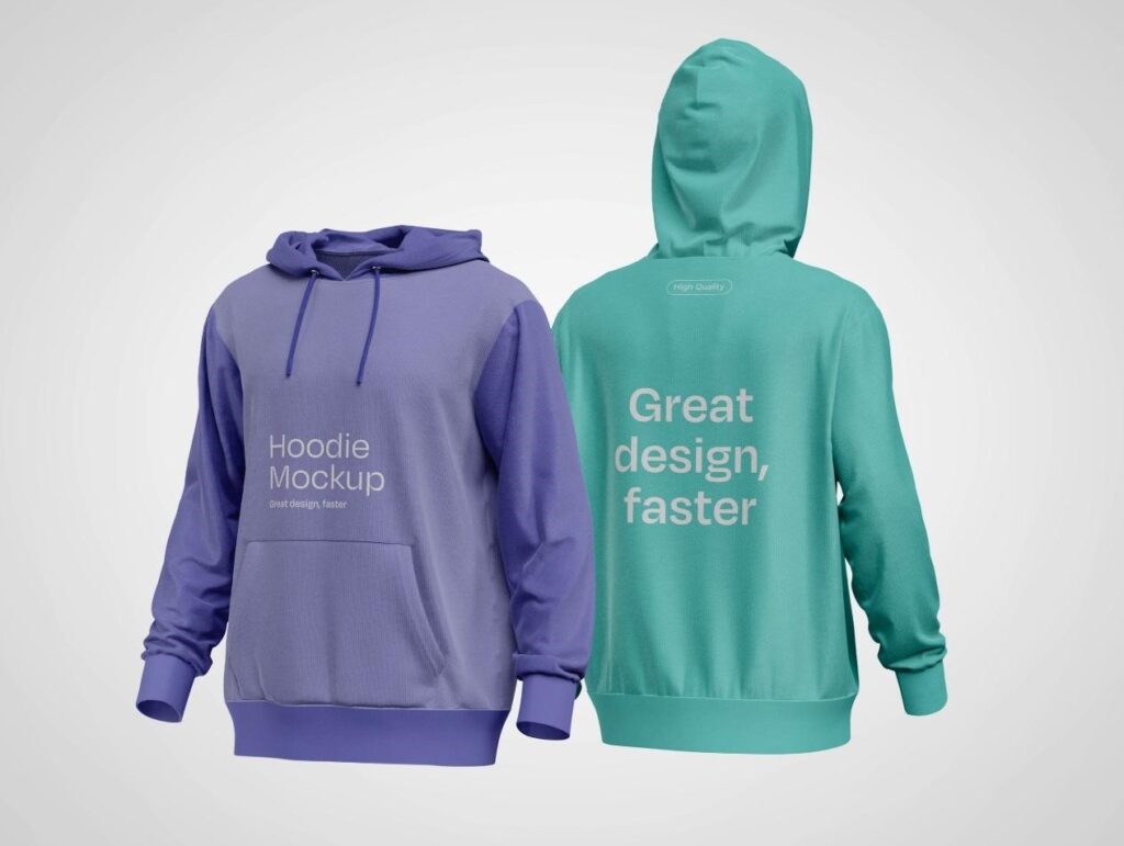 **Alt text**: A mockup image of two hoodies, one purple with "Hoodie Mockup" text on the front and one teal with "Great design, faster" text on the back.