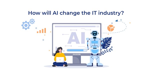 An illustration shows a person with a laptop sitting next to a robot, in front of a large screen displaying "AI," with the text "How will AI change the IT industry?" above.