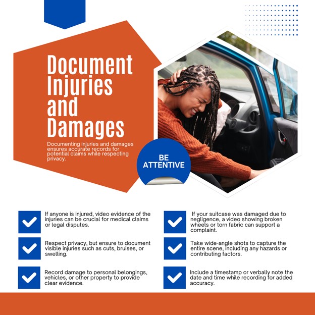 "Infographic on 'Document Injuries and Damages' with a photo of a person inspecting a car, and tips for documenting injuries and damages listed below."