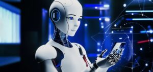 A humanoid robot interacts with a digital interface, set against a futuristic background with glowing blue elements.