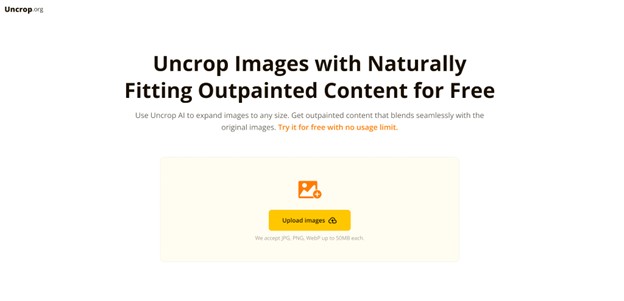 **Alt Text:** A webpage for Uncrop.org offering a free service adding images employing AI-generated outpainted content with an upload button for images.