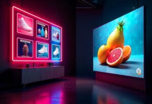 A modern room with vibrant neon signs displaying various advertisements on one wall and a large screen showing a digital image of citrus fruits on the opposite wall.