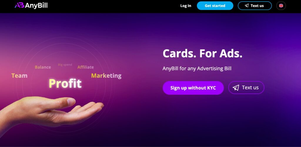 **Alt Text:** A hand is shown under floating words like "Profit," "Team," and "Marketing" against a purple background with text promoting AnyBill for advertising, offering sign up without KYC.