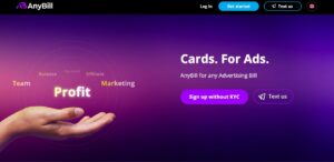 **Alt Text:** A hand is shown under floating words like "Profit," "Team," and "Marketing" against a purple background with text promoting AnyBill for advertising, offering sign up without KYC.