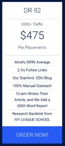 Marketing service advertisement offering a DR 92 backlink placement for $475, including manual outreach and Ivy League blog reports.