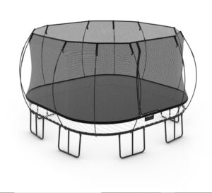 An oval-shaped, black trampoline with a safety net enclosure.