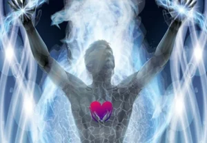Alt text: A glowing figure with a digital heart symbol on the chest stands with arms outstretched amidst swirling blue and white energy.