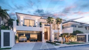 A modern two-story house with a garage housing two luxury cars, surrounded by palm trees and contemporary landscaping, under a cloudy sky at dusk.