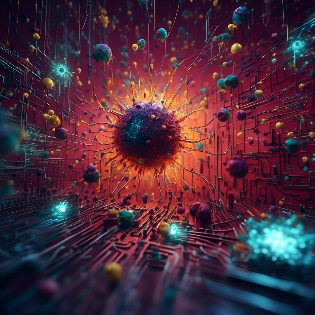 **Alt Text:** A futuristic digital landscape featuring a central glowing sphere with radiating lines and floating colored particles against a circuit-like background.
