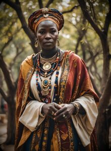 A woman wearing traditional, colorful African attire and jewelry stands in a wooded area.