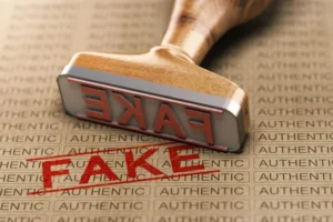 A rubber stamp with the word "FAKE" lies on a surface covered in repeated "AUTHENTIC" text, stamping "FAKE" in red ink on top.