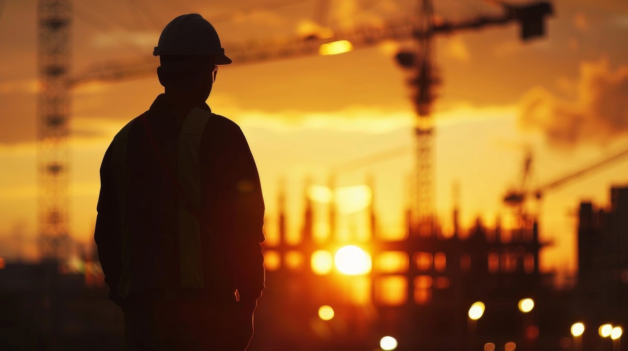 **Alt text:** A silhouette of a construction worker wearing a hard hat and vest stands against a sunset background with cranes on a construction site.