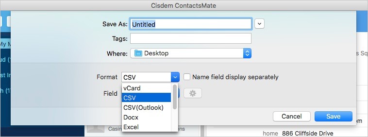 Alt text: A Cisdem ContactsMate save dialog box showing options to save a file with various formats like CSV, vCard, and Excel.