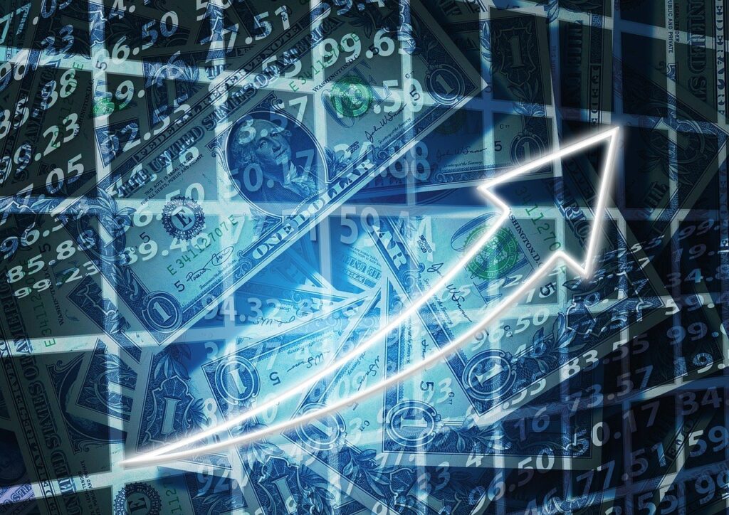 A collage of dollar bills with overlaid numbers and an upward-pointing arrow.