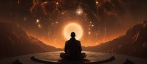 **Alt text:** A person sits on a platform, silhouetted against a mystical glowing orb surrounded by swirling cosmic patterns in a mountainous landscape.