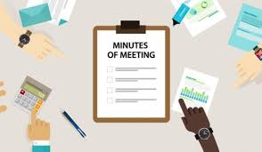 A clipboard with "Minutes of Meeting" surrounded by hands pointing at documents, a calculator, and pens.