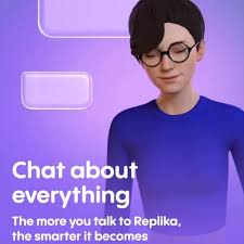 An illustration of a person with short dark hair and glasses, wearing a blue shirt, is set against a purple background with the text "Chat about everything. The more you talk to Replika, the smarter it becomes."