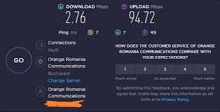 A screenshot of an internet speed test result showing a download speed of 2.76 Mbps and an upload speed of 94.72 Mbps, with feedback options for Orange Romania Communications.