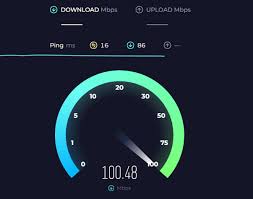 **Alt text:** A speed test display showing a download speed of 100.48 Mbps, with a ping of 16 ms, and an upload speed of 86 Mbps.