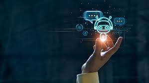 A hand holding a glowing digital icon of a chatbot surrounded by speech bubbles.